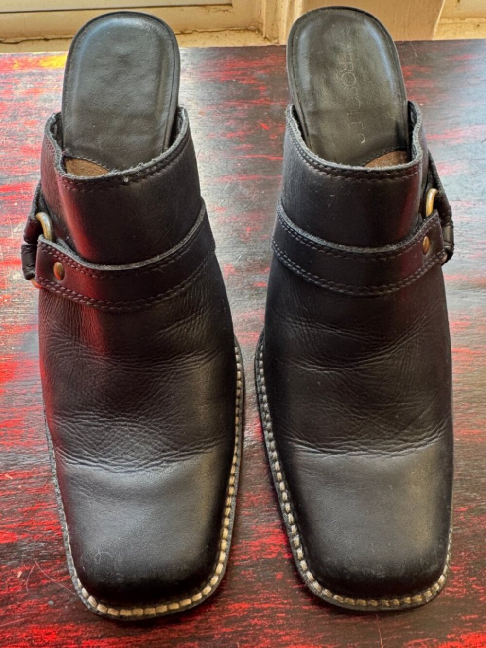 Aerosoles Black Leather Mule Moto Biker Boots Heeled Clogs Size 7.5 - Picture 7 of 7
